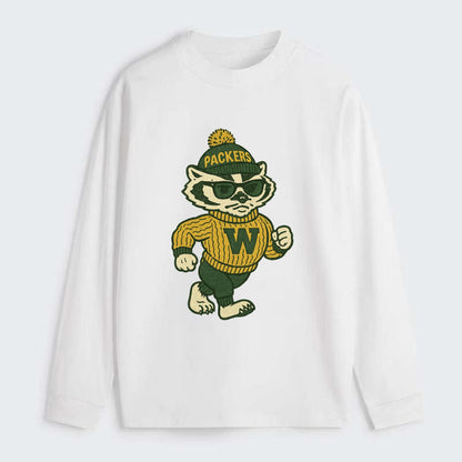 Wisconsin Badger wearing Packers green and gold beanie with pom pom and - Classic Long Sleeve Shirt - White