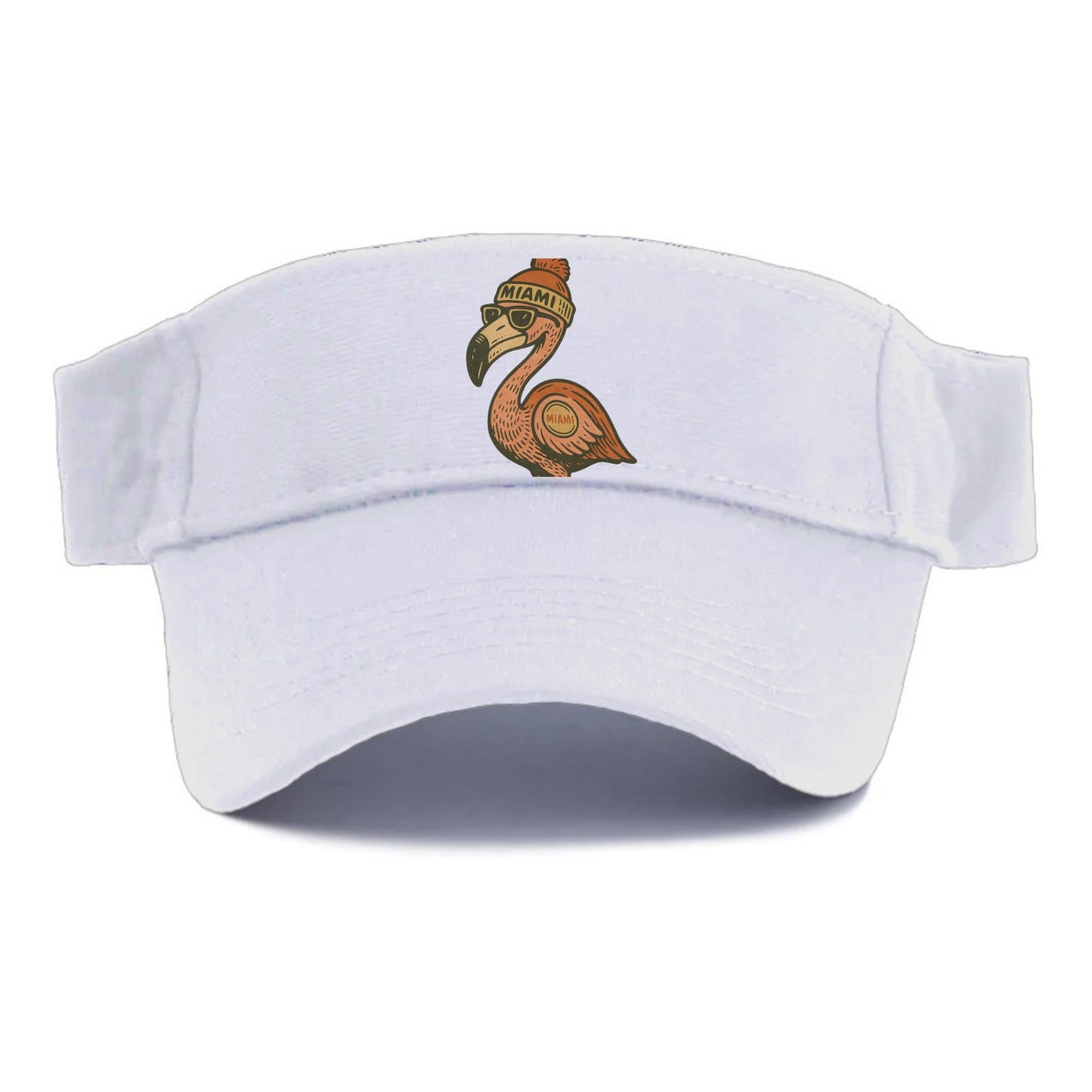 Miami Flamingo wearing Miami beanie with pom pom and wayfarer sunglasses - Visor - White