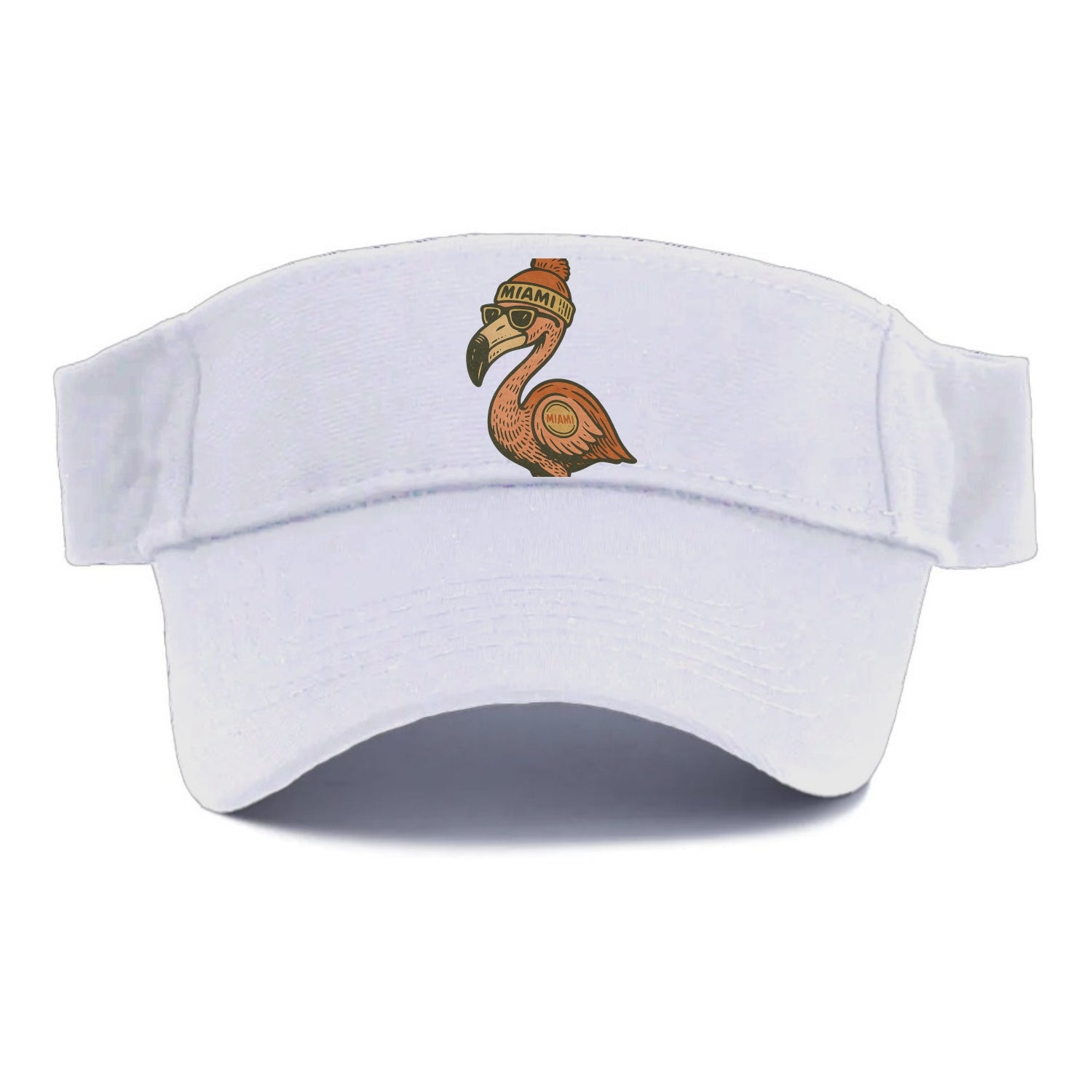Miami Flamingo wearing Miami beanie with pom pom and wayfarer sunglasses - Visor - White