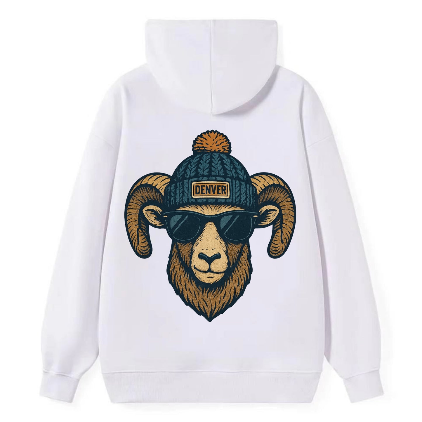 Colorado Rocky Mountain Bighorn Sheep wearing Denver beanie with pom pom - Classic Pullover Hoodie - White