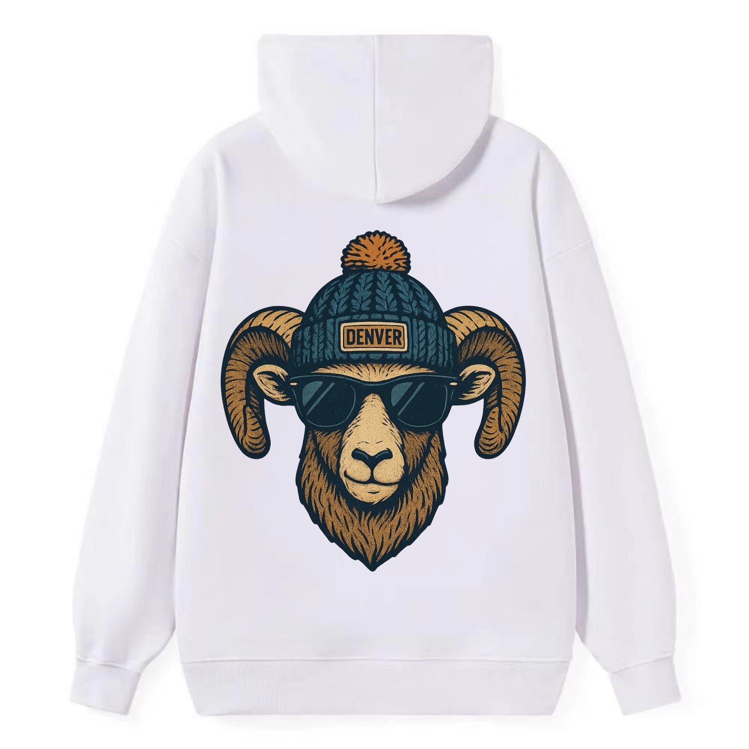 Colorado Rocky Mountain Bighorn Sheep wearing Denver beanie with pom pom - Classic Pullover Hoodie - White