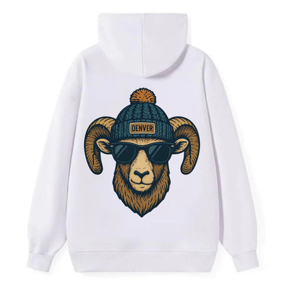 Colorado Rocky Mountain Bighorn Sheep wearing Denver beanie with pom pom - Classic Pullover Hoodie - White