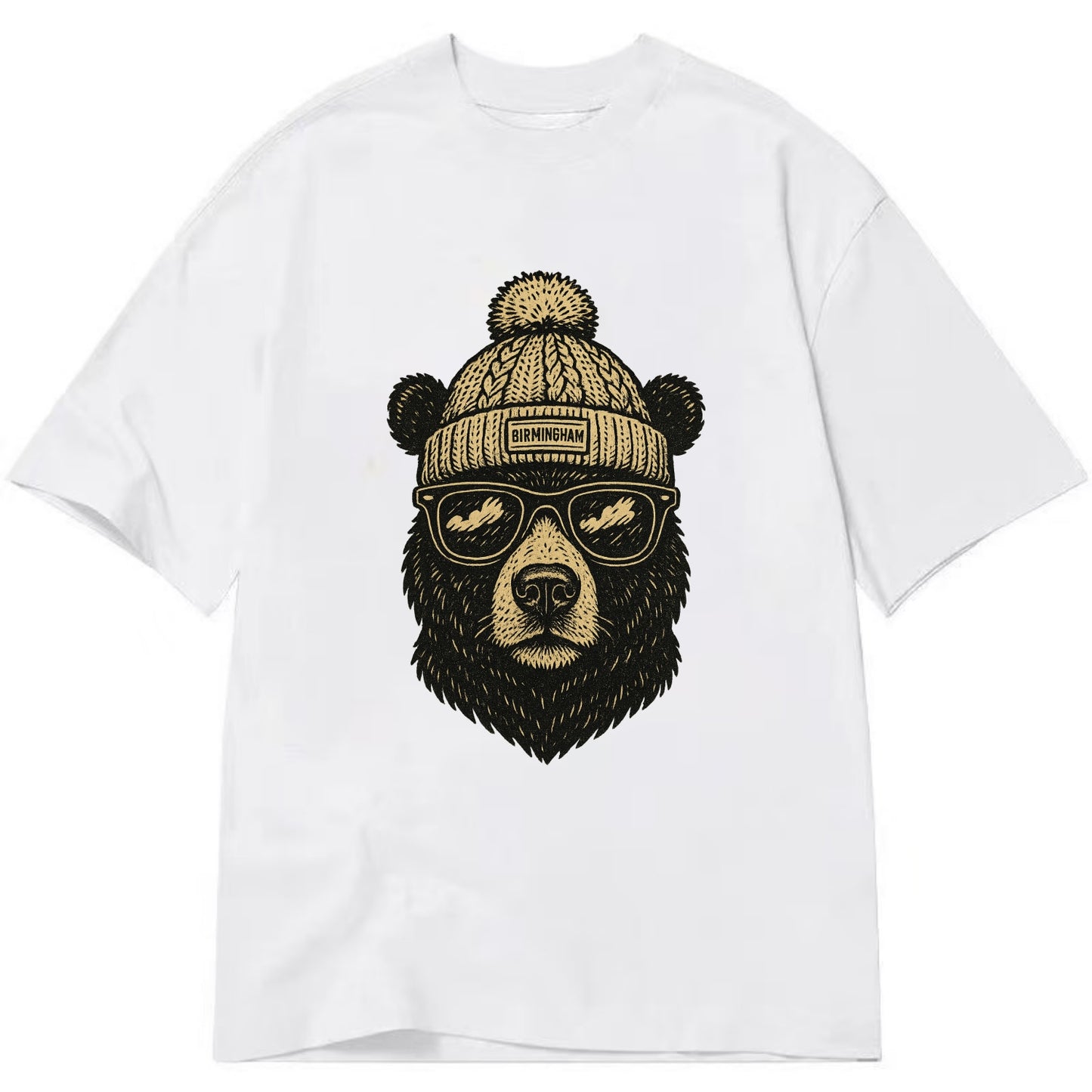 Alabama Black Bear wearing Birmingham beanie with pom pom and wayfarer sunglasses - Classic T-shirt - White