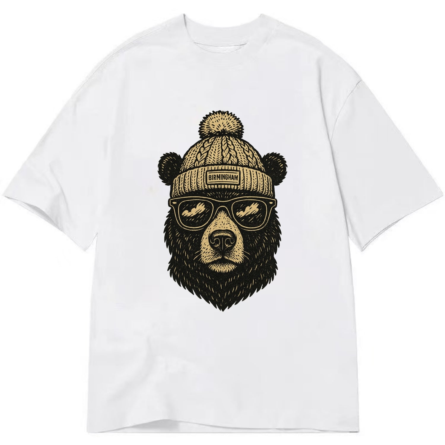 Alabama Black Bear wearing Birmingham beanie with pom pom and wayfarer sunglasses - Classic T-shirt - White