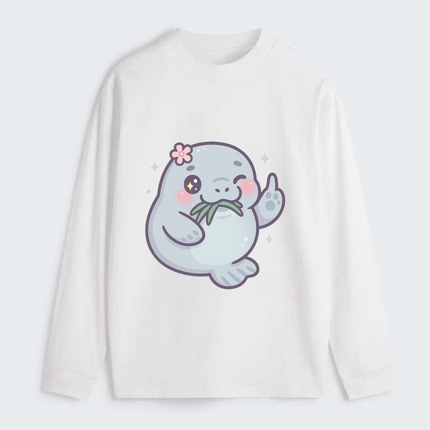 chubby manatee munching on seagrass, one flipper raised with sass - Classic Long Sleeve Shirt - White