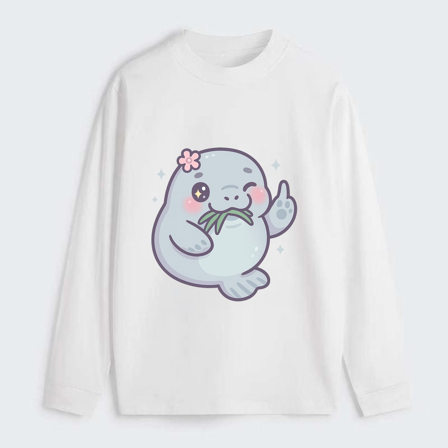 chubby manatee munching on seagrass, one flipper raised with sass - Classic Long Sleeve Shirt - White