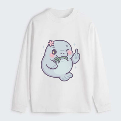 chubby manatee munching on seagrass, one flipper raised with sass - Classic Long Sleeve Shirt - White