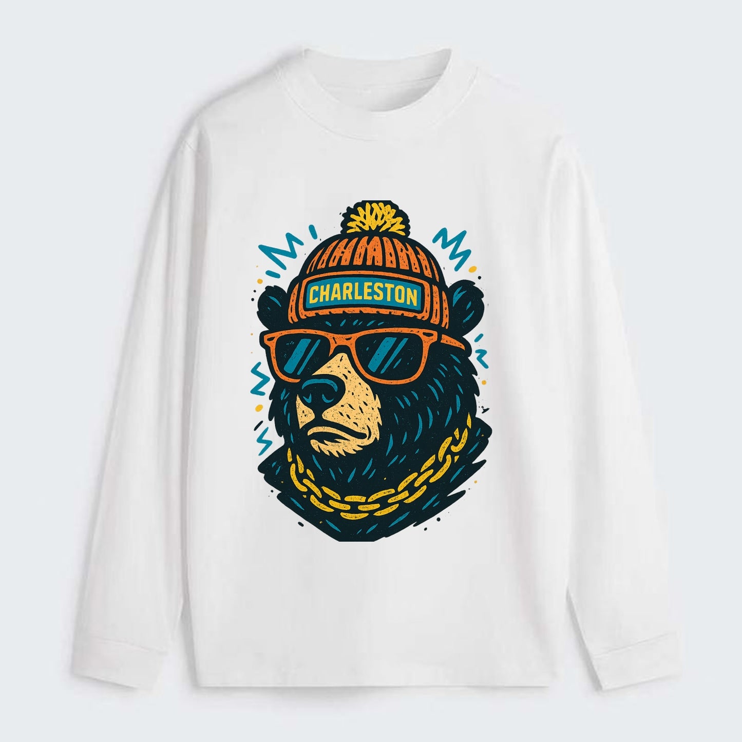 West Virginia Black Bear wearing Charleston beanie with pom pom and - Classic Long Sleeve Shirt - White