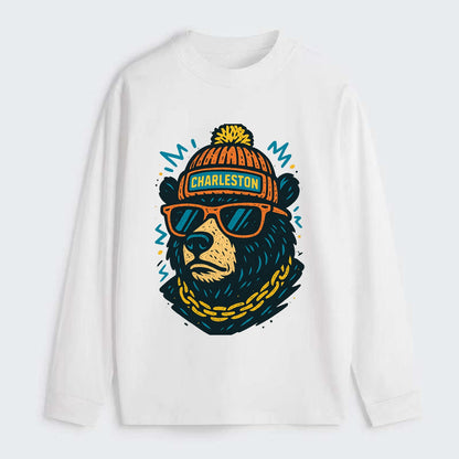 West Virginia Black Bear wearing Charleston beanie with pom pom and - Classic Long Sleeve Shirt - White