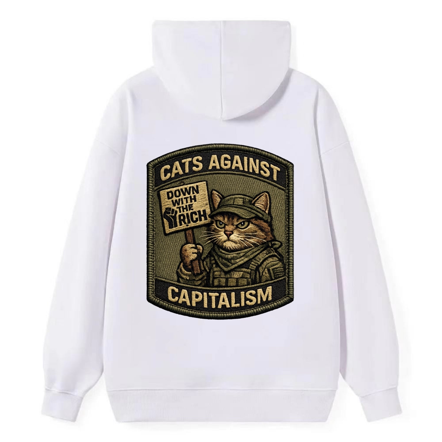 CATS AGAINST CAPITALISM - cat with protest sign in red , political cat - Classic Pullover Hoodie - White