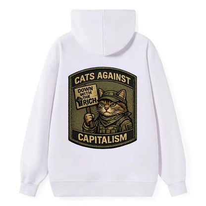 CATS AGAINST CAPITALISM - cat with protest sign in red , political cat - Classic Pullover Hoodie - White