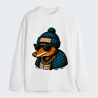Houston Armadillo wearing Houston beanie with pom pom and wayfarer - Classic Long Sleeve Shirt - White