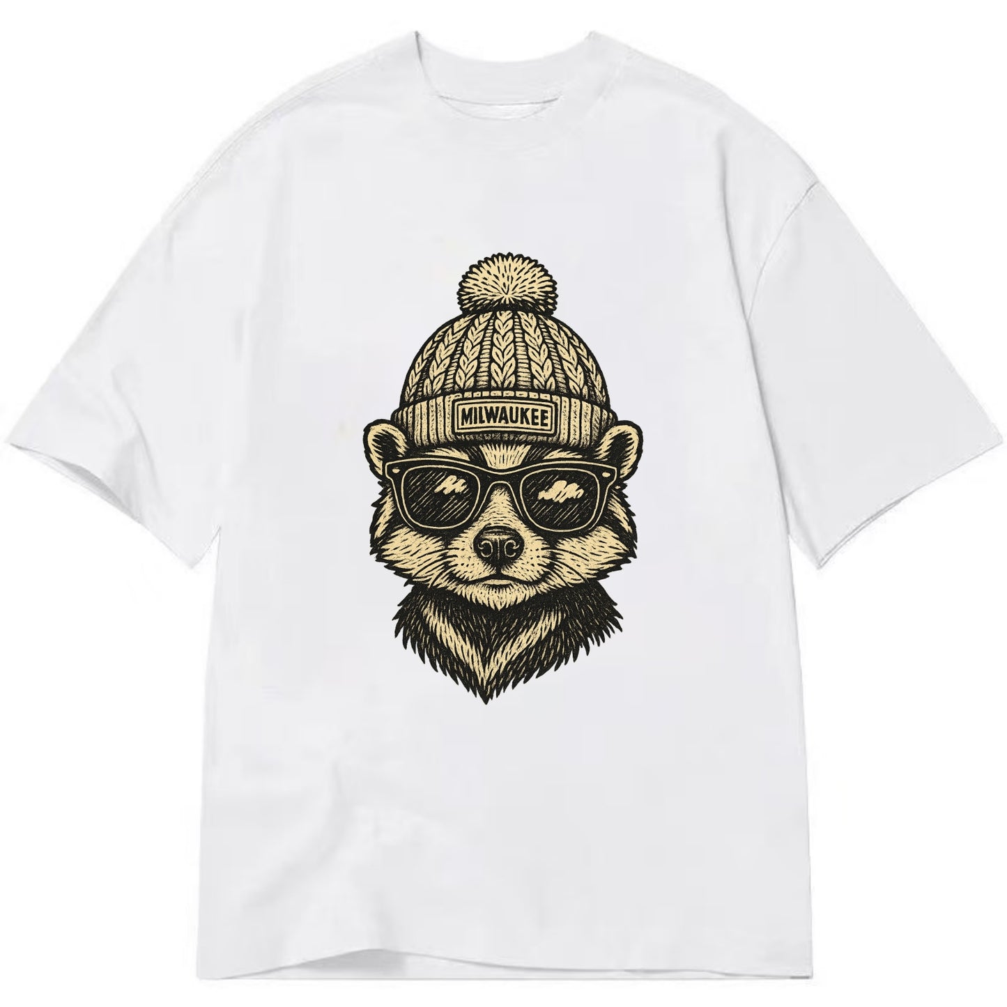 Wisconsin Badger wearing Milwaukee beanie with pom pom and wayfarer sunglasses - Classic T-shirt - White