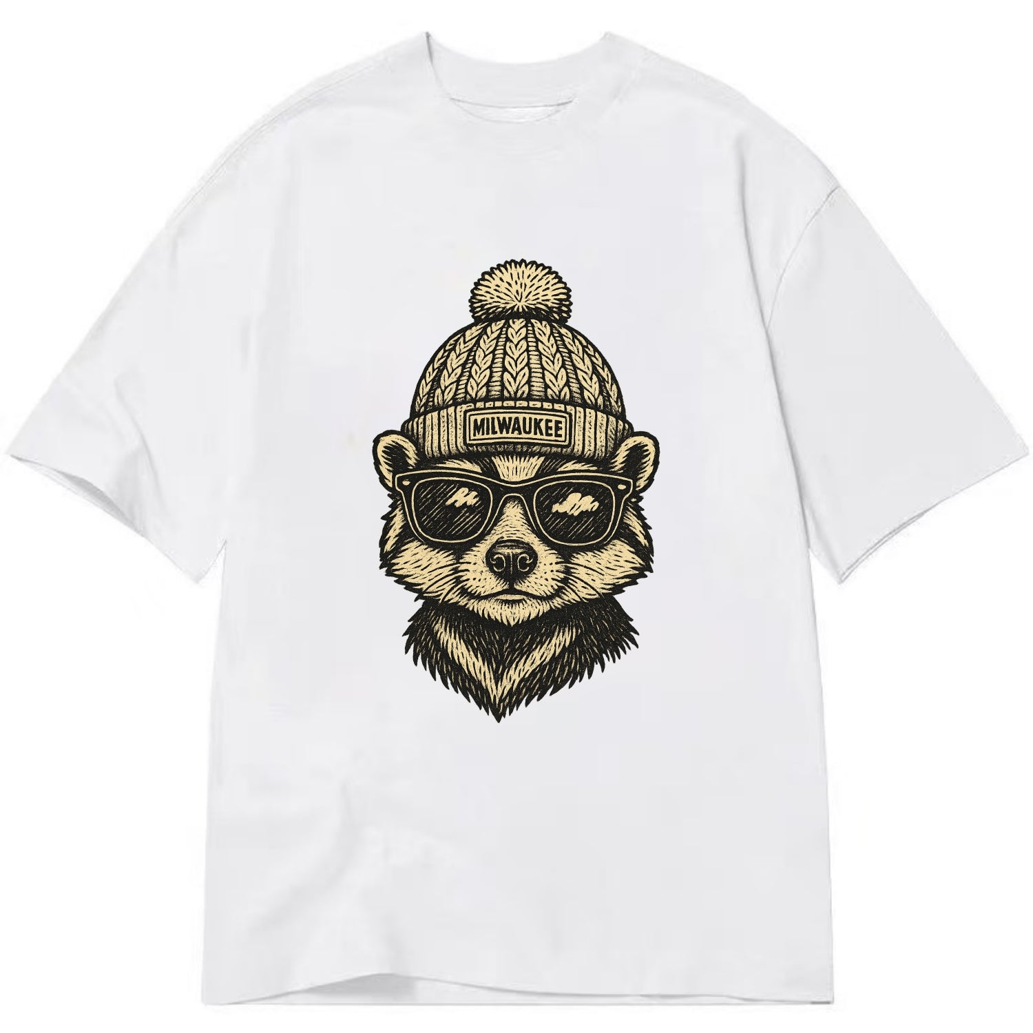 Wisconsin Badger wearing Milwaukee beanie with pom pom and wayfarer sunglasses - Classic T-shirt - White