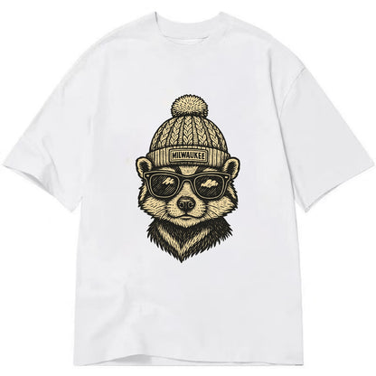Wisconsin Badger wearing Milwaukee beanie with pom pom and wayfarer sunglasses - Classic T-shirt - White