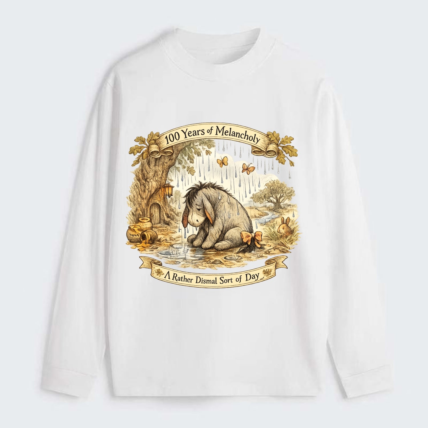 GLOOMY GLEN | Droopy figure in rain | Tattered tail bow | Pessimistic - Classic Long Sleeve Shirt - White