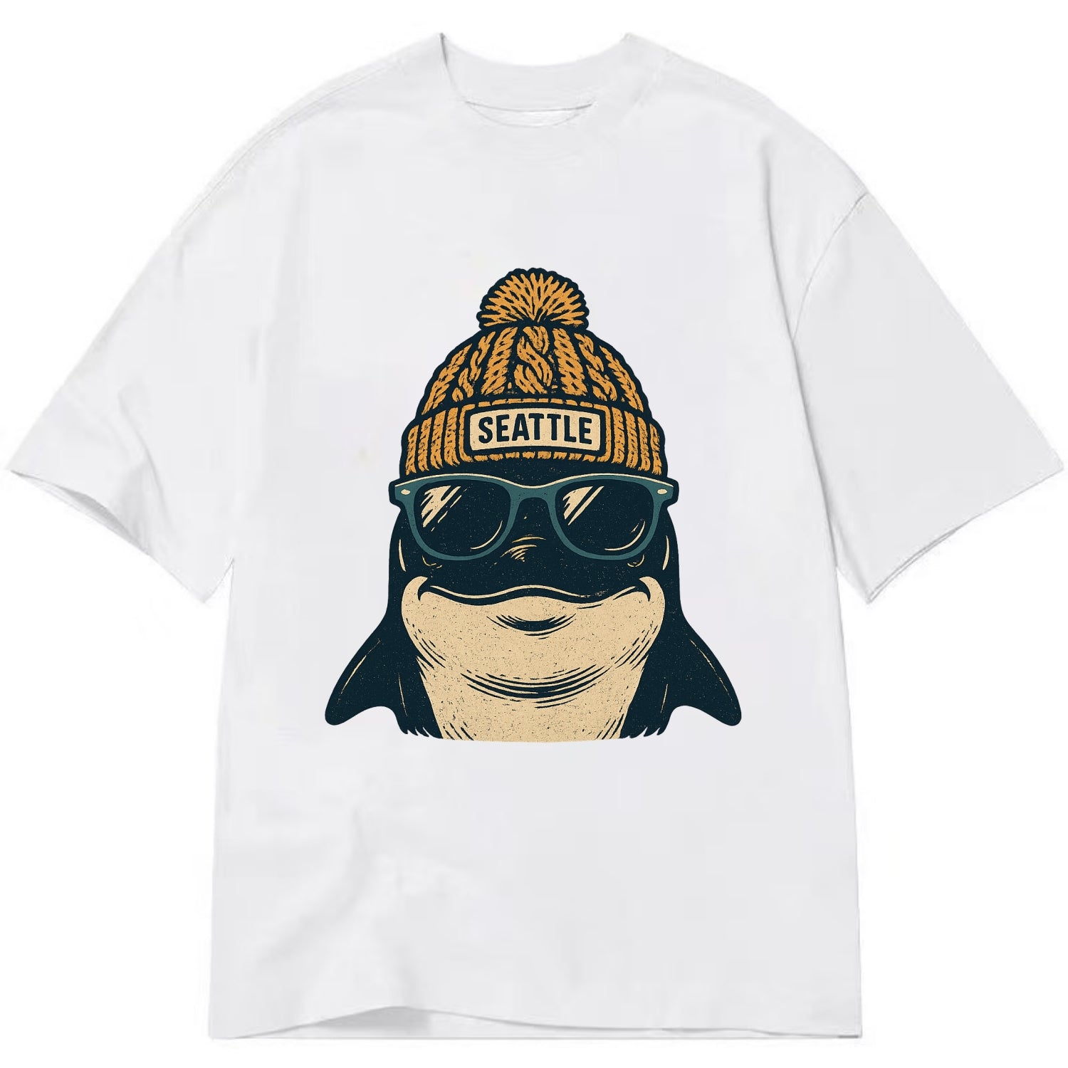 Seattle Orca wearing Seattle beanie with pom pom and wayfarer sunglasses - Classic T-shirt - White