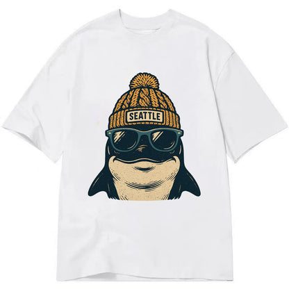 Seattle Orca wearing Seattle beanie with pom pom and wayfarer sunglasses - Classic T-shirt - White