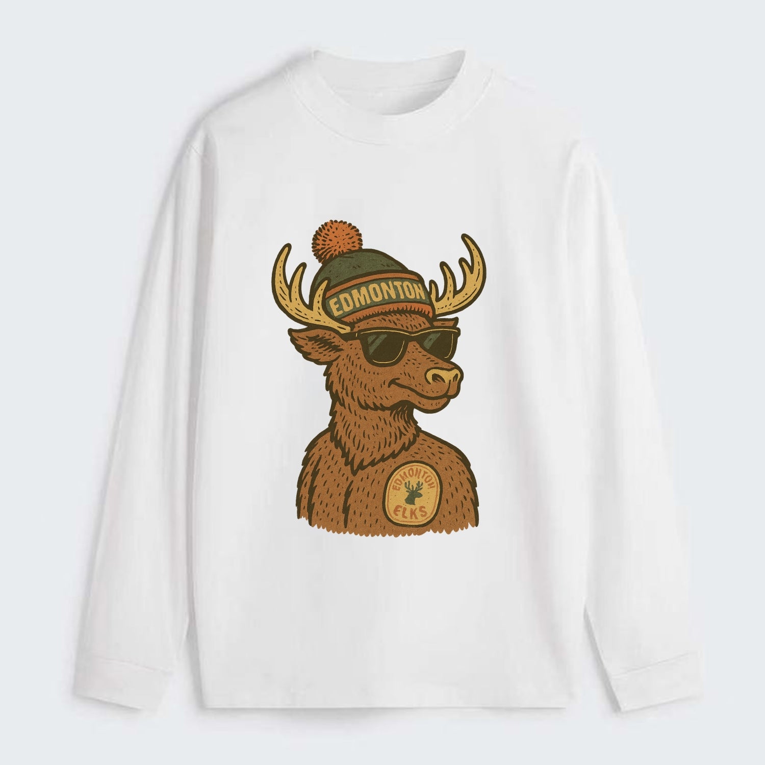 Edmonton Elk wearing Edmonton beanie with pom pom and wayfarer - Classic Long Sleeve Shirt - White