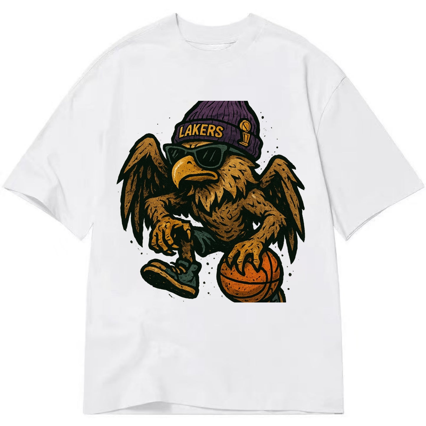 Los Angeles Golden Eagle wearing Lakers beanie with trophy patch and wayfarer - Classic T-shirt - White
