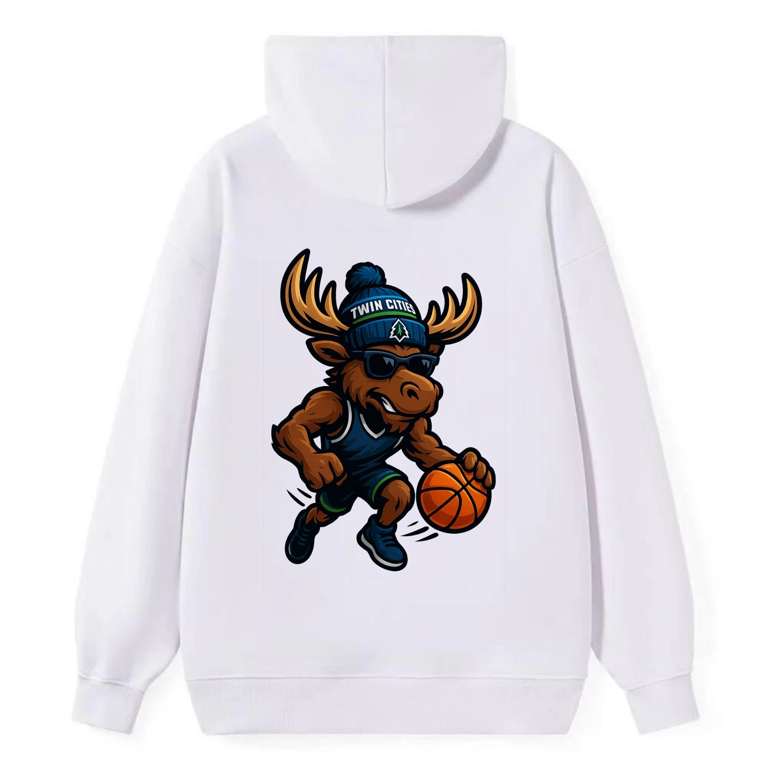 Twin Cities Moose wearing Timberwolves beanie with pine tree patch and - Classic Pullover Hoodie - White