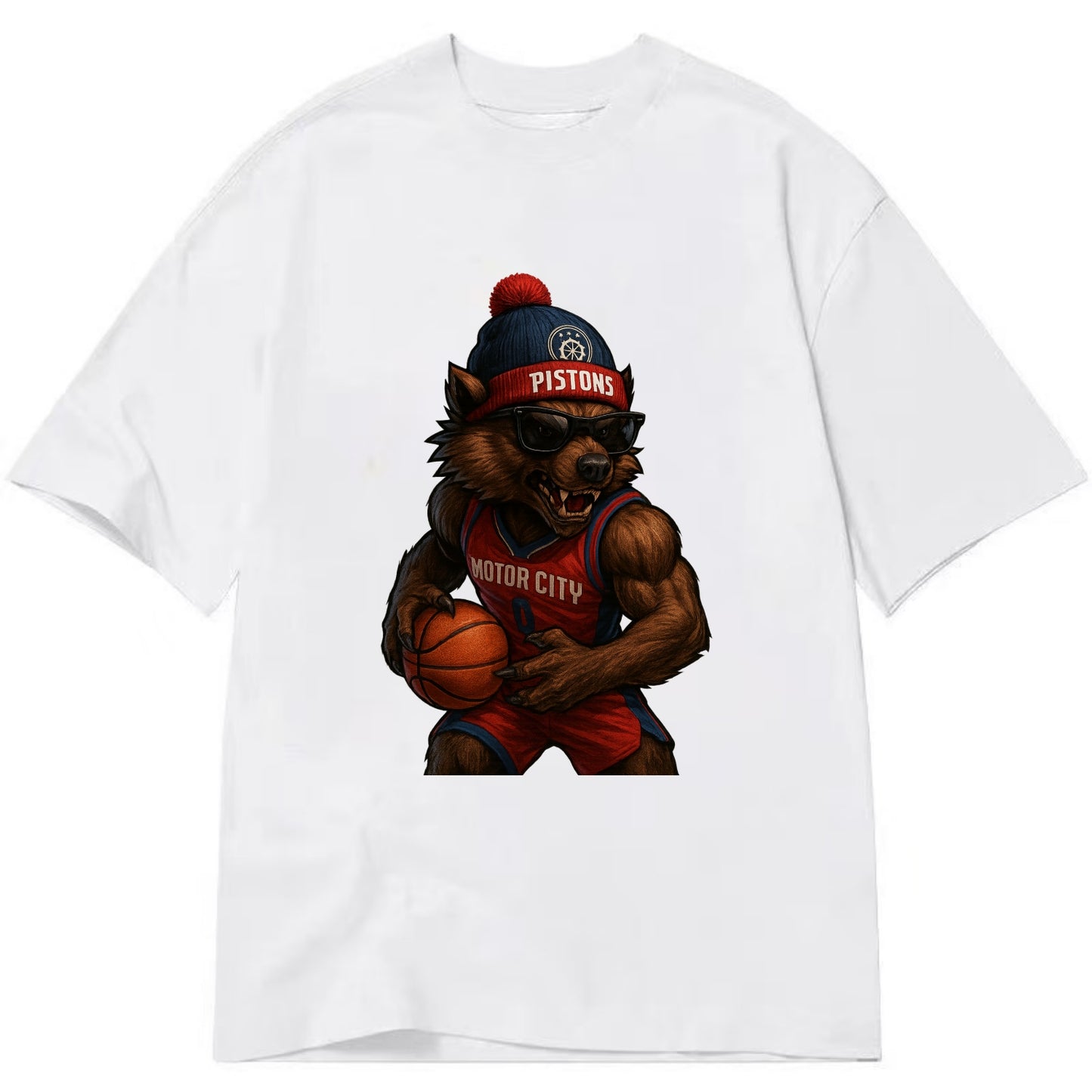 Motor City Wolverine wearing Pistons beanie with gear patch and wayfarer - Classic T-shirt - White