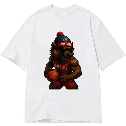 Motor City Wolverine wearing Pistons beanie with gear patch and wayfarer - Classic T-shirt - White