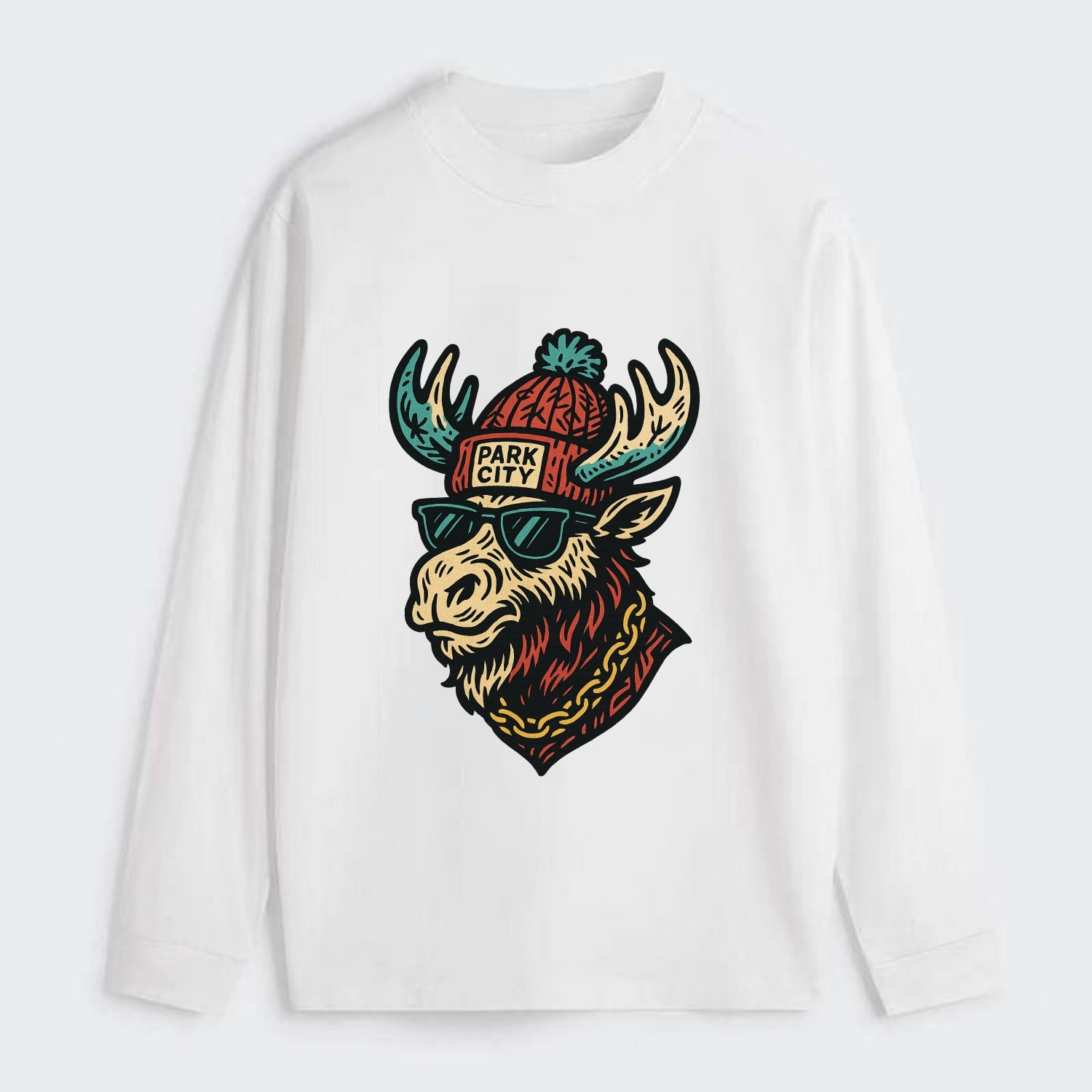 Park City Moose wearing Park City beanie with pom pom and wayfarer - Classic Long Sleeve Shirt - White