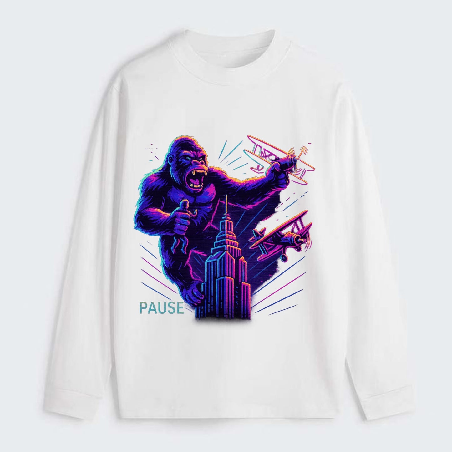 giant gorilla on top of skyscraper holding small figure, swatting planes - Classic Long Sleeve Shirt - White