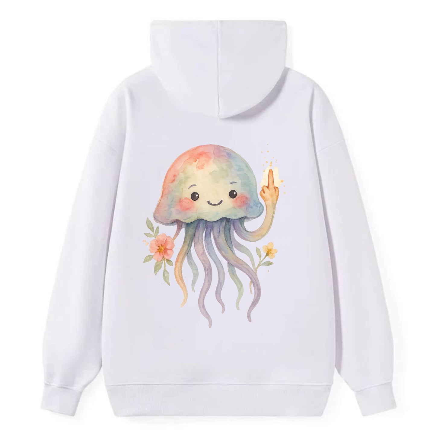 jellyfish with kawaii face and tentacles, one tentacle pointing up - Classic Pullover Hoodie - White