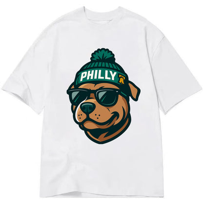 Philly Pitbull wearing Eagles beanie with Liberty Bell patch and wayfarer - Classic T-shirt - White