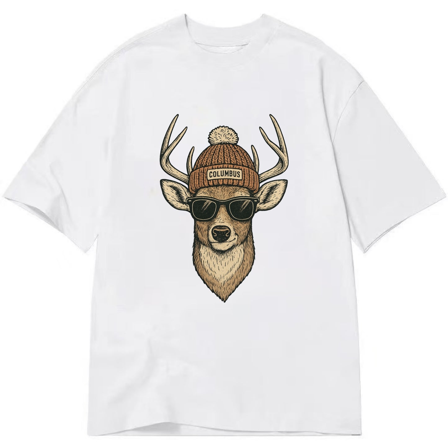 Ohio White-tailed Deer wearing Columbus beanie with pom pom and wayfarer - Classic T-shirt - White