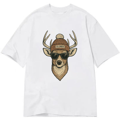Ohio White-tailed Deer wearing Columbus beanie with pom pom and wayfarer - Classic T-shirt - White