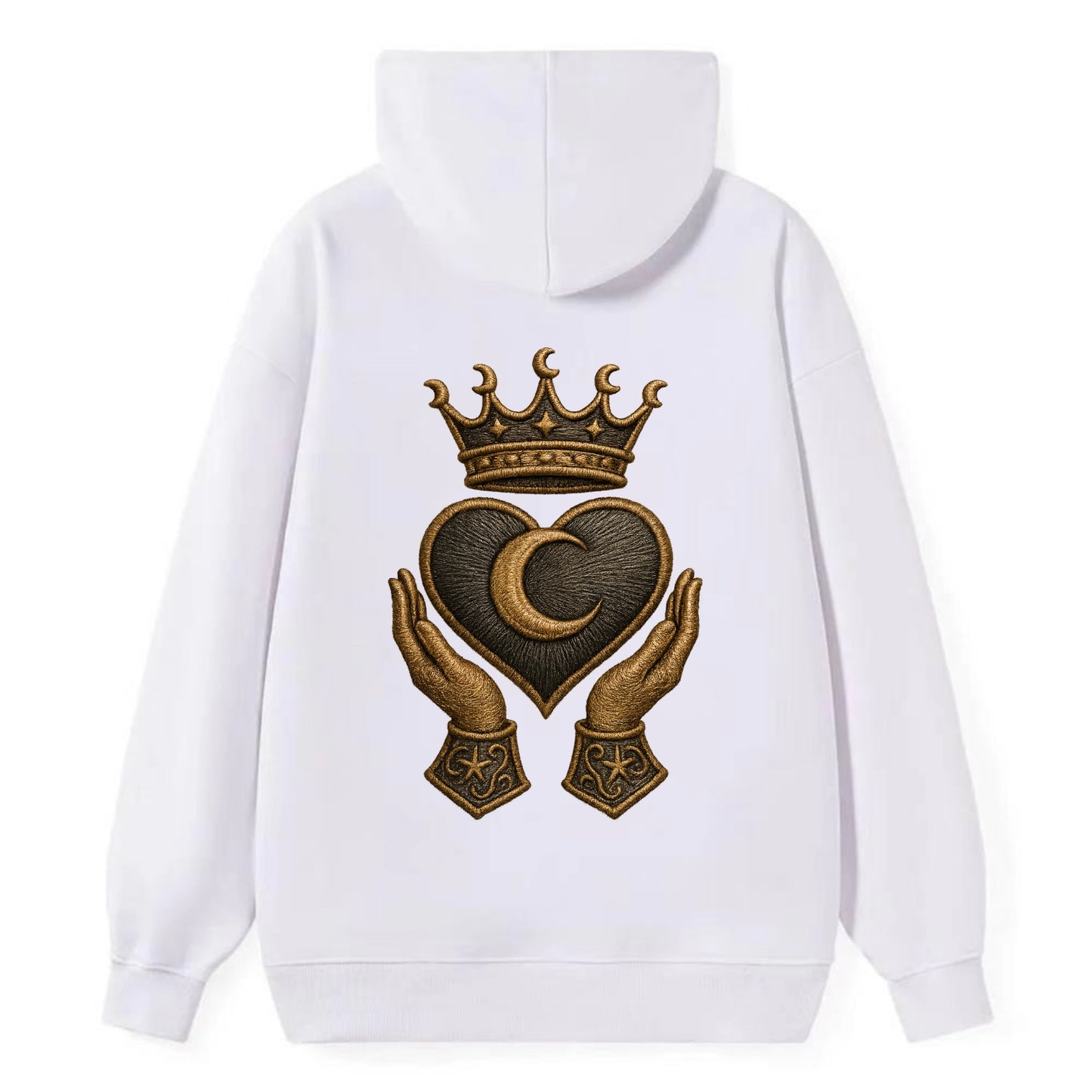 Moonlit crescent crown cradling a hematite heart with stargazer hands - Classic Pullover Hoodie - White