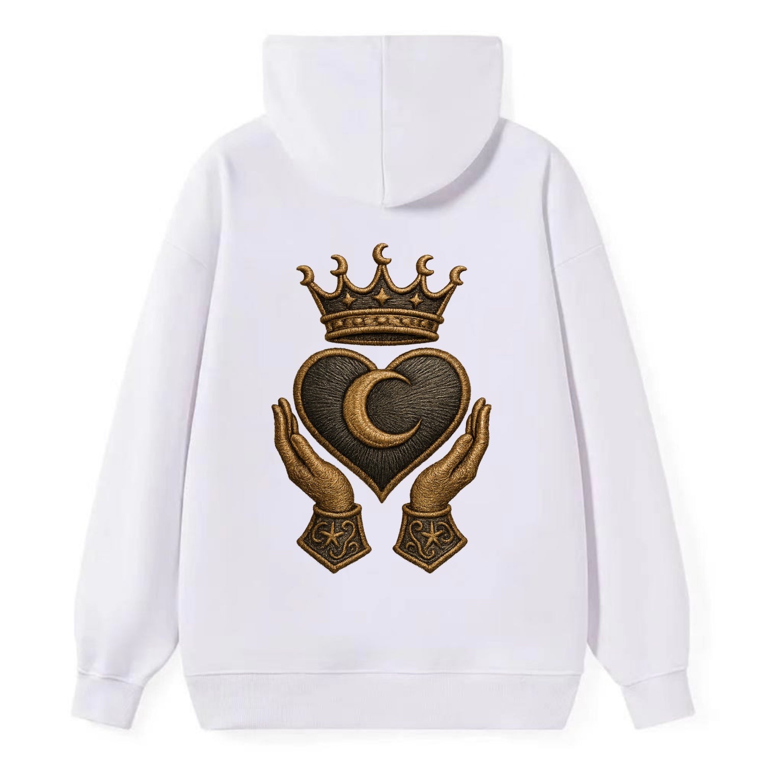 Moonlit crescent crown cradling a hematite heart with stargazer hands - Classic Pullover Hoodie - White