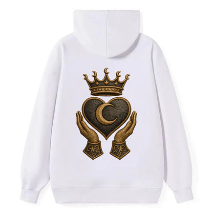 Moonlit crescent crown cradling a hematite heart with stargazer hands - Classic Pullover Hoodie - White