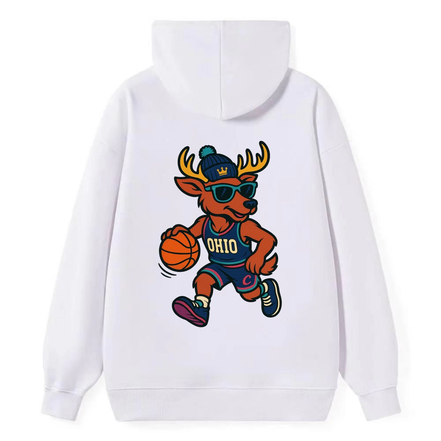 Ohio Deer wearing Cavs beanie with crown patch and wayfarer sunglasses - Classic Pullover Hoodie - White