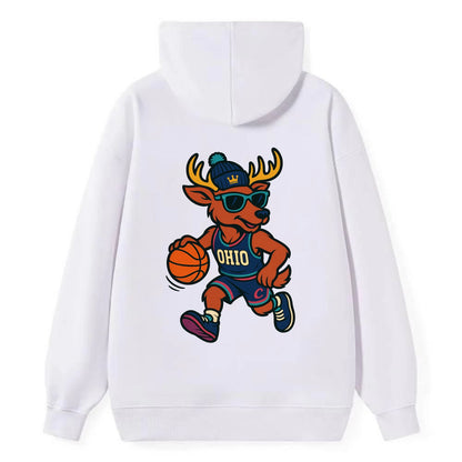 Ohio Deer wearing Cavs beanie with crown patch and wayfarer sunglasses - Classic Pullover Hoodie - White