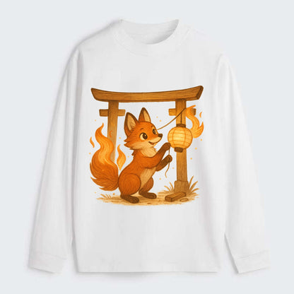 Foxfire kitsune stringing lanterns along a torii gate with tails of - Classic Long Sleeve Shirt - White