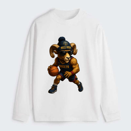 Mile High Bighorn wearing Nuggets beanie with mountain patch and - Classic Long Sleeve Shirt - White