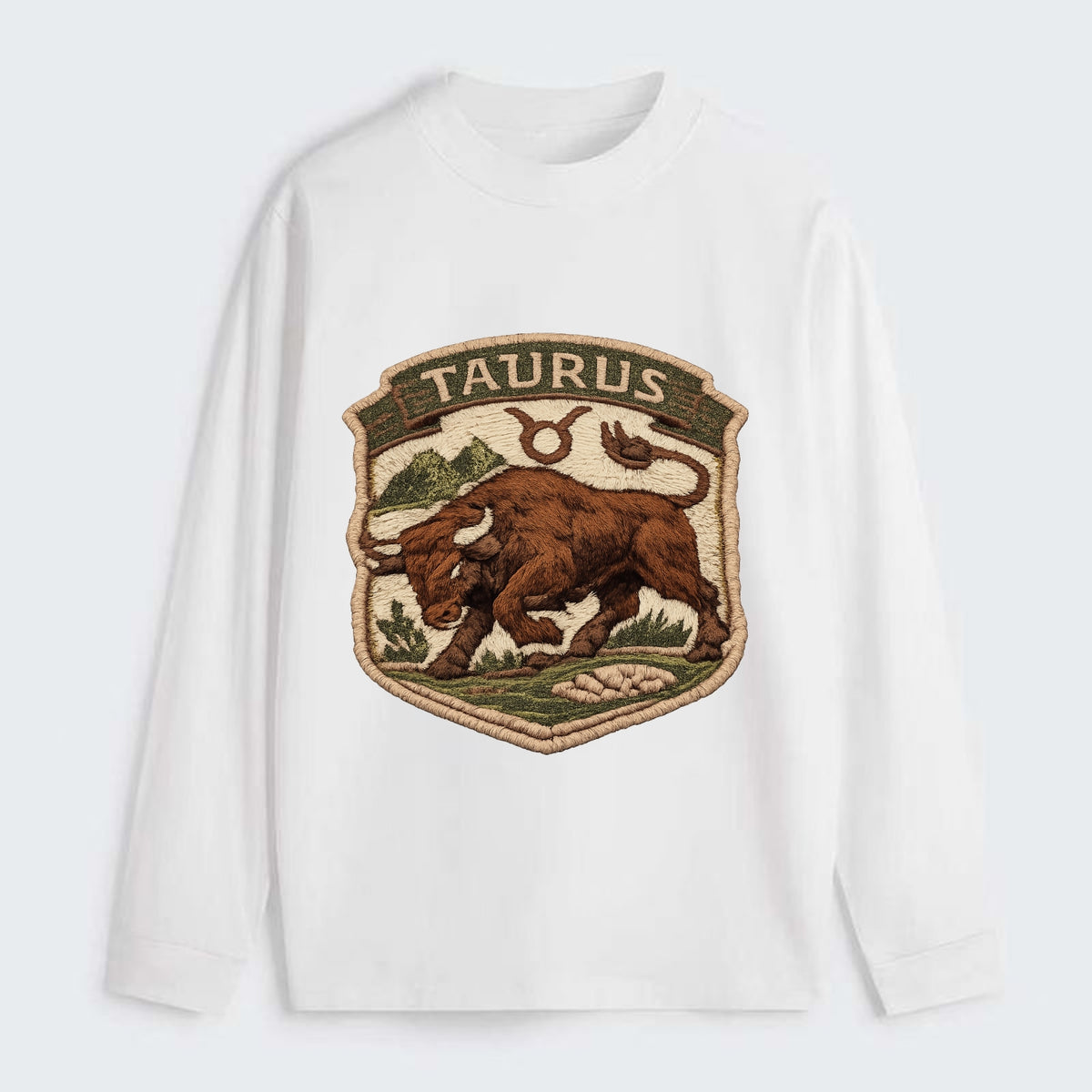 TAURUS BULL - strong bull in brown and green , earth sign - Classic Long Sleeve Shirt - White