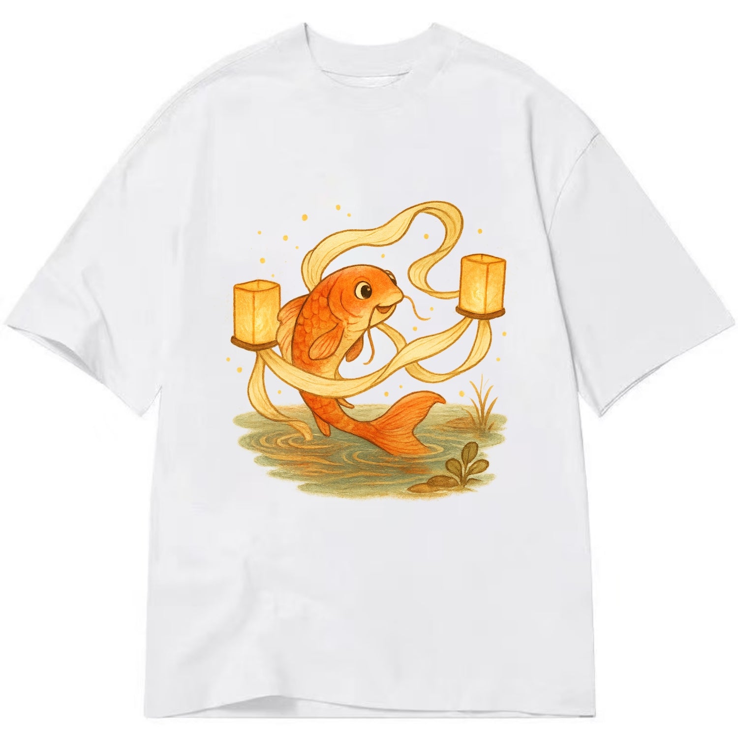 Koi weaving silk streamers through floating lanterns on tranquil water - Classic T-shirt - White