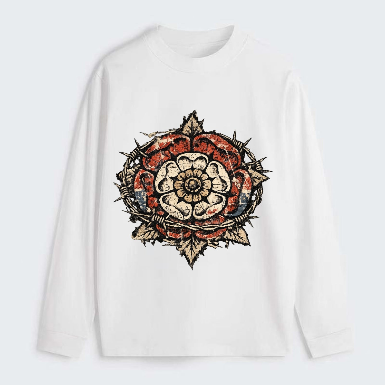 THORNED ROSE | Tudor rose with thorns | Barbed wire integration | - Classic Long Sleeve Shirt - White
