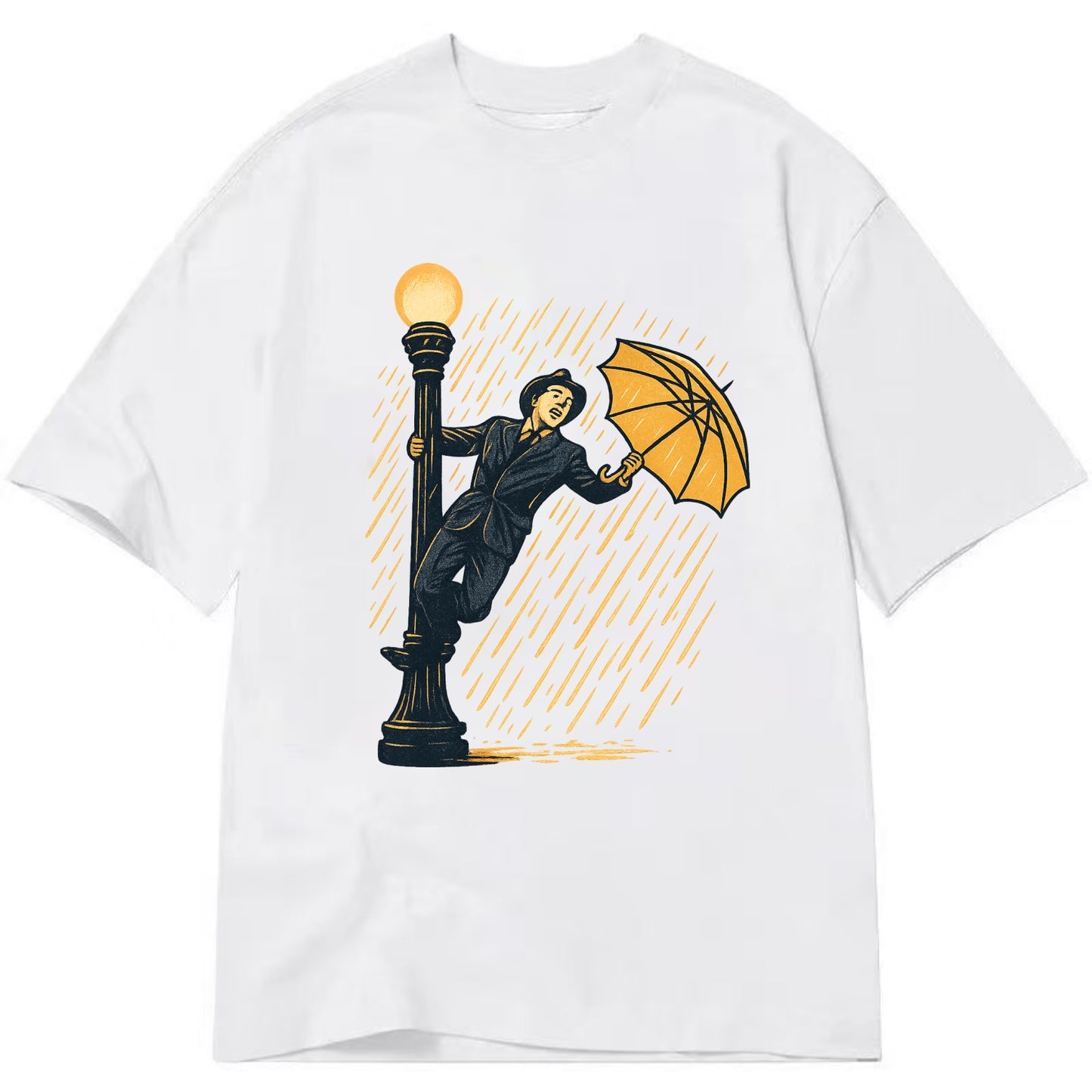 joyful dancing on lamppost in heavy rain with big smile - Classic T-shirt - White