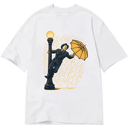 joyful dancing on lamppost in heavy rain with big smile - Classic T-shirt - White