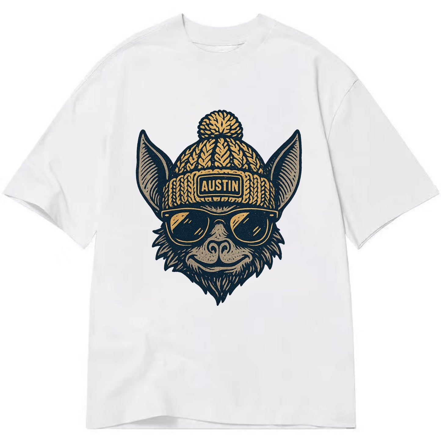 Austin Bat wearing Austin beanie with pom pom and wayfarer sunglasses - Classic T-shirt - White