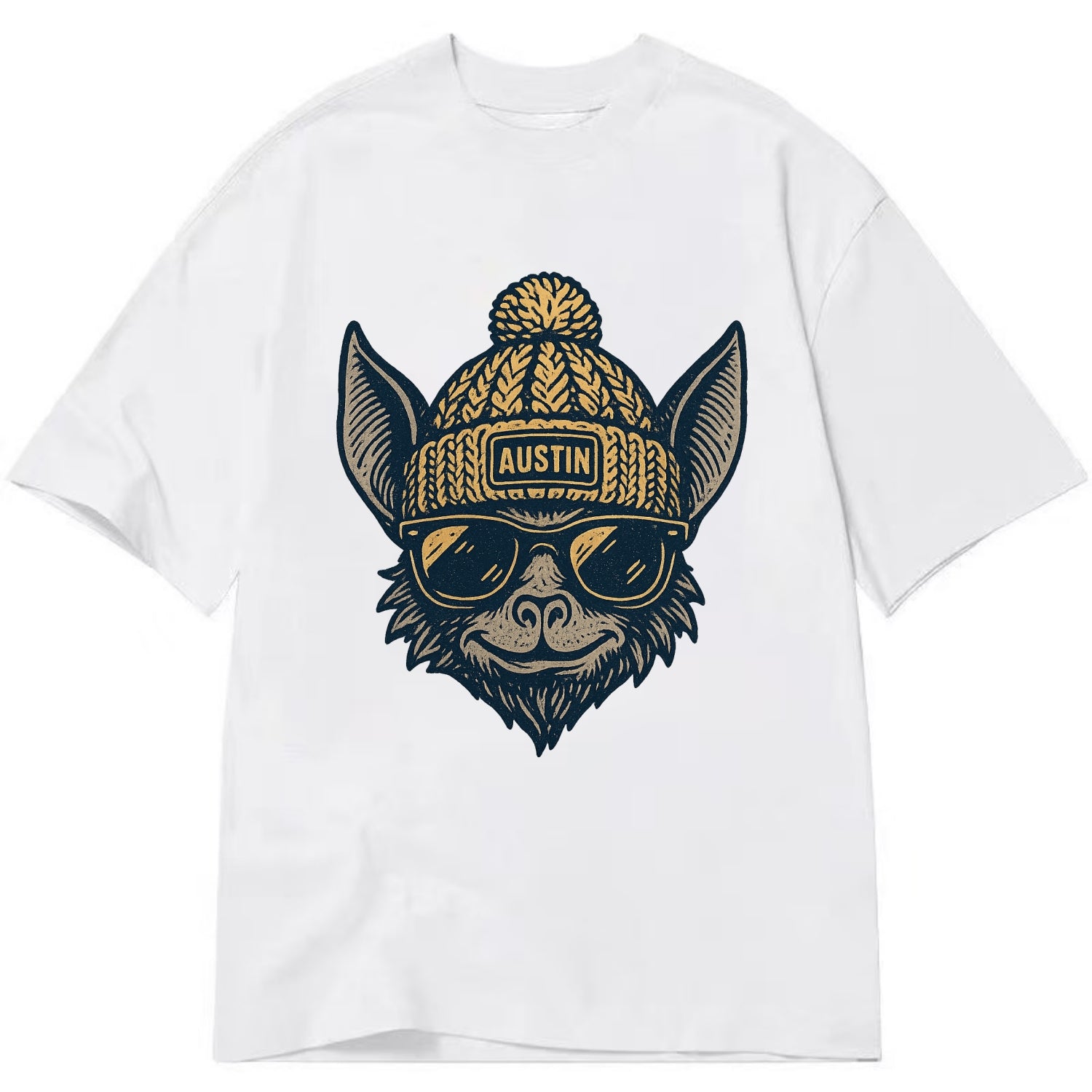 Austin Bat wearing Austin beanie with pom pom and wayfarer sunglasses - Classic T-shirt - White
