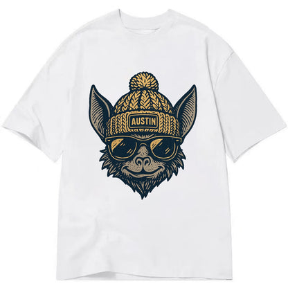 Austin Bat wearing Austin beanie with pom pom and wayfarer sunglasses - Classic T-shirt - White