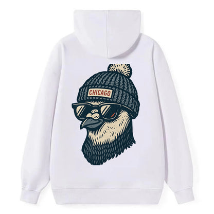Chicago Pigeon wearing Chicago beanie with pom pom and wayfarer sunglasses - Classic Pullover Hoodie - White