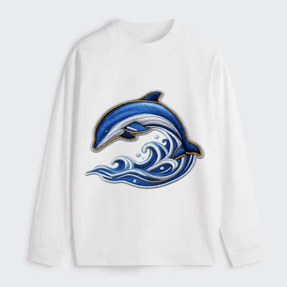 Embroidered patch design - SWIMMING DOLPHIN - diving dolphin with waves - Classic Long Sleeve Shirt - White